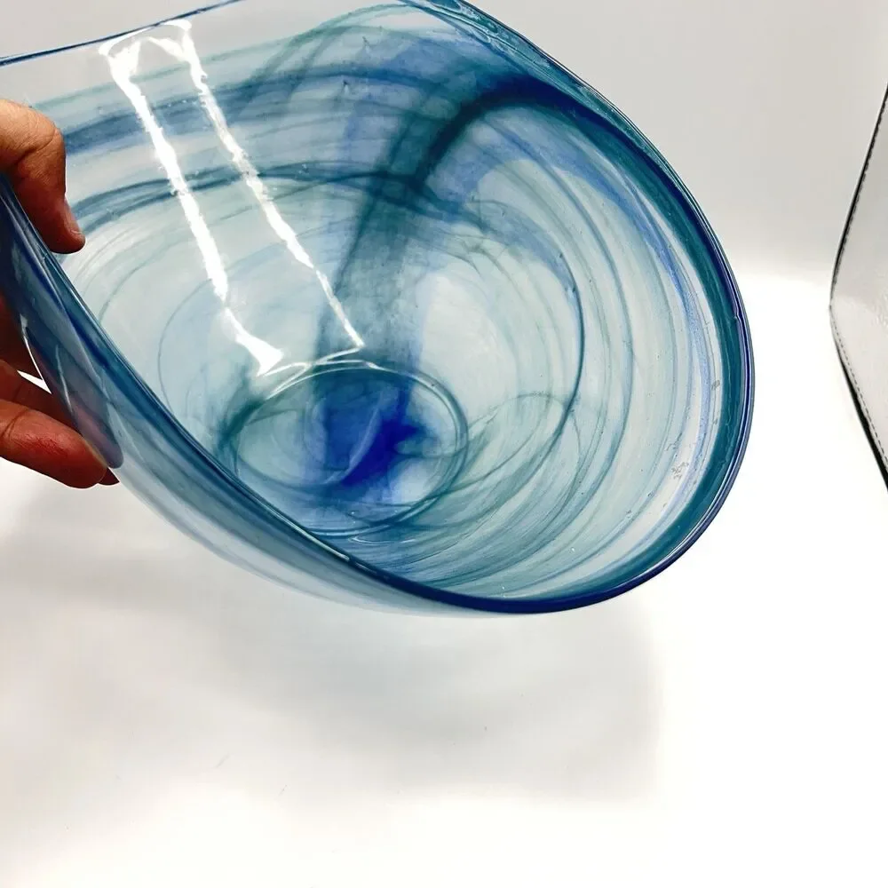 14"x7" Oval Blue Folded Satin Glass Bowl Lines Swirls - Picture 12 of 16